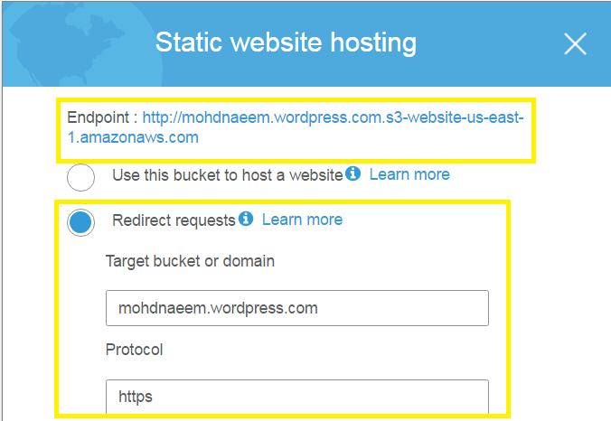 S3 Redirect from futureCloud S3 to mohdnaeem.wordpress.com
